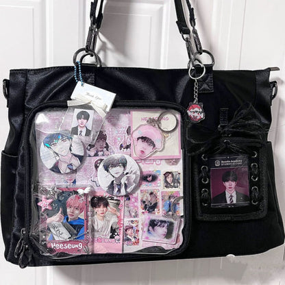 Black Shoulder Bag - Ita Crossbody Bag, Pin Display Bag, Itabag, Window Bag, Anime Cosplay Purse